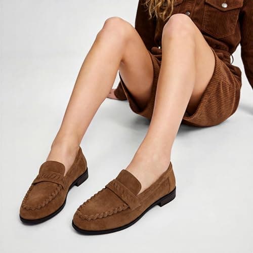 VIUGJNEX Suede Brown Caramel Loafers Women Dressy Penny Loafers Low Chunky Heel Slip-On Shoes for Women Business Casual Size 7 - Thumbnail 2