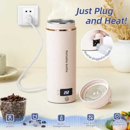 Travel Electric Kettle Portable Mini Kettle,Small Hot Water Boiler with 4 Temperature Settings,304 Stainless Steel,Fast Boiling Water with Auto Shut-Off and Boil Dry Protection,400ml (Beige, 400ML) - Thumbnail 2