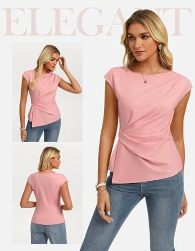 GRACE KARIN Womens 2026 Summer Short Sleeve Tops, Dressy Casual Peplum Shirts Outfit, Tunic Blouses Trendy Fashion Clothes Pink M - Thumbnail 2