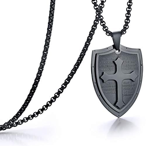 Rehoboth Mens Stainless Steel Shield Cross Pendant Necklace Shield Armor Pendant Chain 24 Inch for Women Men Black - Image 1