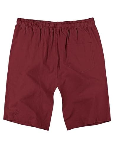 AUSELILY MEN Men's Cotton Linen Shorts 9 inch Drawstring Casual Elastic Waist Mens Summer Beach Vacation Shorts Big and Tall with Pockets Wine Red M - Thumbnail 4