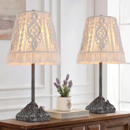 BOXEMIYA - 2-Piece 24-inch Vintage Desk lamp, Handcrafted Bohemian Cotton Rope lampshade and Handcrafted Vintage Base, Resin Decorative Desk lamp, Suitable for Living Room, Bedroom, Ivory White - Image 1