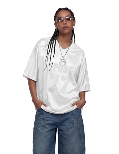Aelfric Eden Women's Number Lace Jersey Tops Graphic Short Sleeve V Neck Tees Oversized T-Shirt Tops White - Thumbnail 2