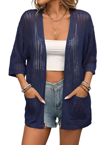 BB&KK Summer Lightweight Cardigans for Women 3/4 Sleeve Knit Boho Kimono Crochet Cardigans with Pockets Navy Blue S - Image 1