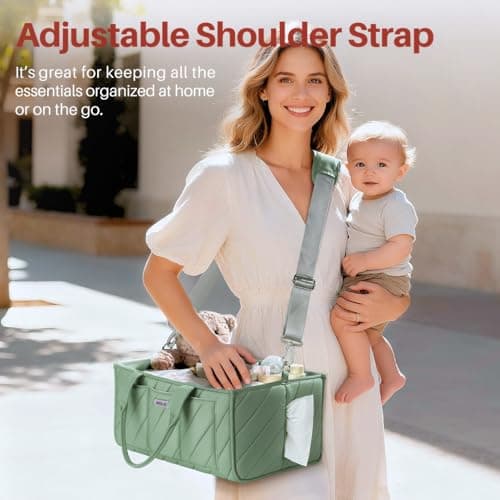 VKSAO Baby Essentials Diaper Caddy Organizer – Portable Storage Basket with Shoulder Strap & Stroller Hooks, Splashproof Quilted Nursery & Car Tote, Gender Neutral Gifts for Baby Shower, Sage Green - Thumbnail 3