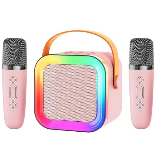 Kids Karaoke Machine Toy for Ages 3-12, Rechargeable Portable Bluetooth Speaker with 2 Wireless Mics, LED Lights Voice Changer, Christmas Birthday Gift for Boys Girls Grandkids (Pink - 2)
