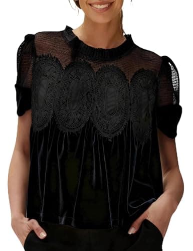hathne Velvet Lace Blouse for Women Elegant Casual Crew Neck Short Sleeve Top Loose Fit Flared Swing Shirt(Black,XL) - Image 1