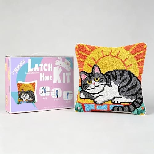 Miaceito Cute cat Latch Hook Kits for Adults Beginners,DIY Pre-Printed Latch Hook Pillow Kits Includes Wooden Hook Tool,17x17 Inch Home Decor Sofa Cushion Gift for Mom - Image 1