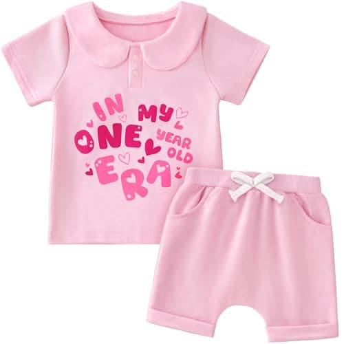 HONGTEYA Baby Girl First Birthday Outfit In My One Year Old Era Top Short Sleeve 1st Birthday Shirt Casual Shorts Set (Pink, 6-12 Months) - Image 1