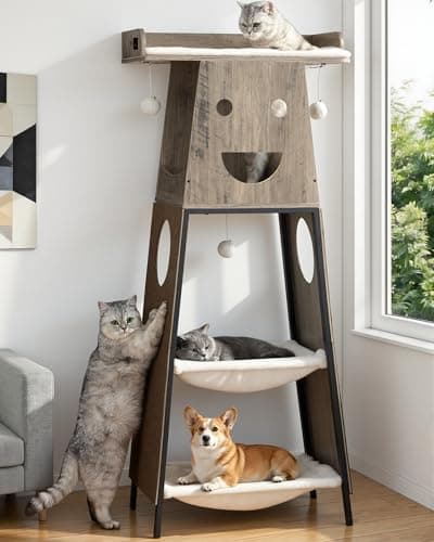 Feliskyn Modern Wood Cat Tree for Indoor Cats, 56 Inch Tall Cat Tower with Hammock, Multi-Level Trees with Perch Bed, 2 Hammock, Cat Condo, Scratching Board, Removable Pads, Cat Furniture, Greige - Image 1