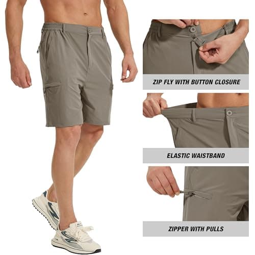 MOURCE Mens Hiking Shorts 9" - Stretch Lightweight Cargo Shorts for Men with Zipper Pockets Flat Front, Khaki - Thumbnail 6
