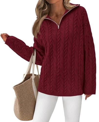 PRETTYGARDEN Women V Neck Quarter Zip Pullover Sweaters Chunky Cable Knit Long Sleeve Sweater for Women Spring Outfits (Burgundy, Small) - Image 1