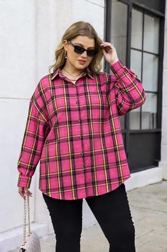 BLANCHES Plus Size Flannel Shirts for Women Lightweight Plaid Shirt Button Down Blouses Casual Boyfriend Shacket Pink - Thumbnail 4