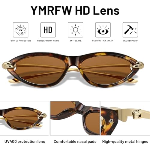 YMRFW Retro Oval Cat Eye Sunglasses for Women Y2k Designer Trendy Narrow Shades Metal Temples UV protection Sun Glasses - Thumbnail 5