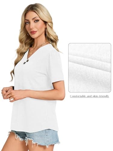 VUTRU Womens Tunic Tops V Neck Blouse Puff Short Sleeve Cute Summer Shirts Loose Flowy Work Casual Beach Travel Holiday, White L - Thumbnail 5