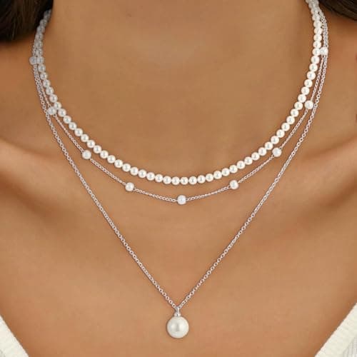 Fezodo Pearl Necklaces for Women Trendy, Dainty Silver Pearl Necklace Simple Layered Pearls Choker Necklace Stack Cute Pearls Wedding Bride Jewelry Silver Layered Necklaces for Women Jewelry Gifts - Thumbnail 4