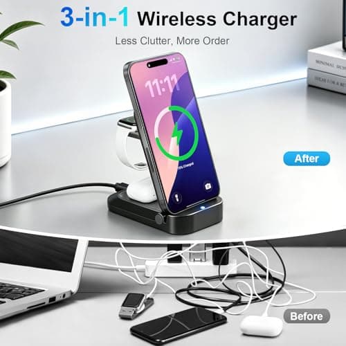 3 in 1 Wireless Charging Station for Apple - Foldable Wireless Charger Station - Travel Charger for Multiple Devices for iPhone 17 16 15 14 13 12 Pro Max Plus, Apple Watch, AirPods(Black) - Thumbnail 2