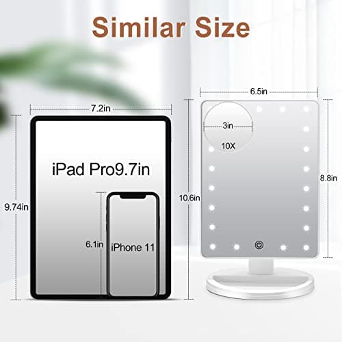 COSMIRROR Lighted Makeup Vanity Mirror with 10X Magnifying Mirror, 21 LED Lighted Mirror with Touch Sensor Dimming, 180°Adjustable Rotation, Dual Power Supply, Portable Cosmetic Mirror (White) - Thumbnail 5