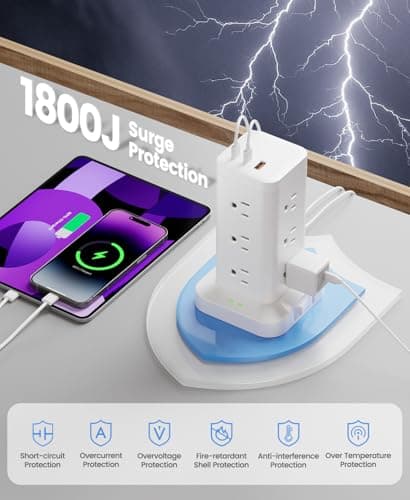 Tagzilo 15-in-1 Power Strip Tower with Surge Protector 1800J, Fast Charging Tower PD20W USB-C Ports with 12 AC Outlets, 15ft Extension Cord for Home Office Dorm Room, White - Thumbnail 3