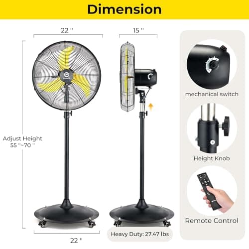 FUGOO 20" Whisper-Quiet Industrial Pedestal Fan - Brushless DC Motor, 4000 CFM Waterproof Heavy Duty Fan with Remote, Energy Efficient for Garage, Warehouse, Patio, Commercial - Thumbnail 2