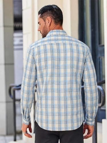 BAYAMO Men's Button-Down Plaid Shirts Casual Long Sleeve Cotton Linen Shirts for Men Fashion Business Shirt Blue L - Thumbnail 3