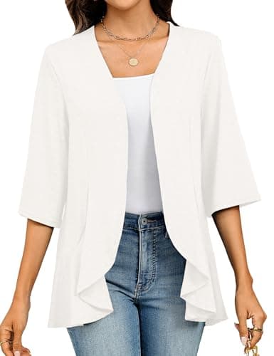 Totatuit Womens 3/4 Sleeve White Cardigan Light Weight Cover Up Dressy Casual Spring Clothes - Image 1