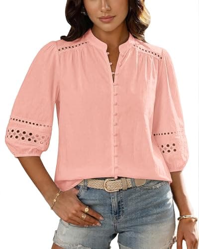 Bsubseach Women Button Down Shirt 3/4 Puff Sleeve Dressy Casual Blouse Cotton Eyelet Boho Mandarin Collar Tops Pink S - Image 1