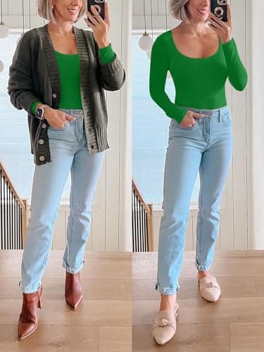 REORIA Womens Basic Sexy Scoop Neck Long Sleeve Leotards Fashion Fall Outfits Double Lined Layering Slim Soft Bodysuits Tops Starry Blue Small - Thumbnail 5