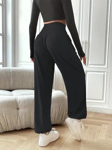 gaimoliso Womens Baggy Wide Leg Pants Casual Loose Elastic Waisted Comfy Harem Pants with Pockets Black - Thumbnail 2