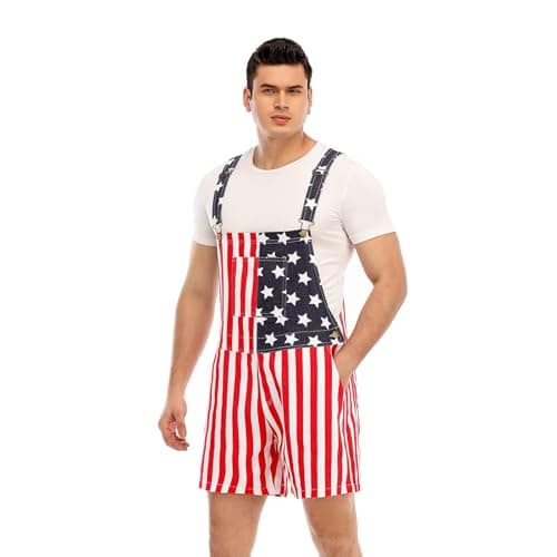 HEYSCRINT American Flag Denim Bib Overalls Patriotic Rompers Shorts Summer Holiday Jumpsuit Costume Outfit Mens & Womens (F02-M - Thumbnail 3