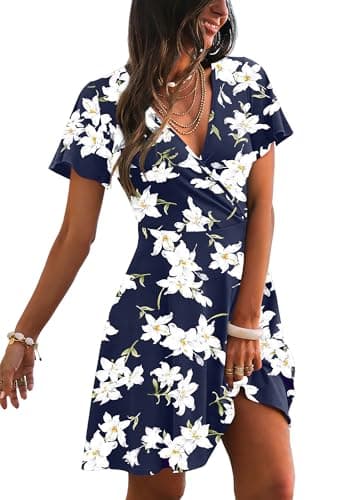 RUMIA Womens Summer Dresses 2026 Wrap V Neck A-line Casual Sundresses Vacation Party Cocktail Dress Floral Navy 01 XL - Image 1