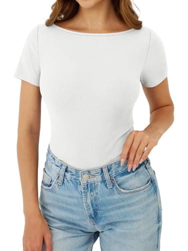 GKBK Boat Neck Tops for Women Ribbed Short Sleeve T-Shirts Slim Fitted Tight Compression Top Soft Y2K Basic Casual Going Out Tops for Spring Summer 2026 Trendy Fashion Outfits White - Thumbnail 6