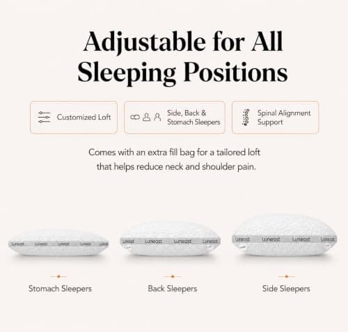 Luneast Memory Foam Pillows for Sleeping Adjustable Bamboo Blend Breathable Bed Pillow for Side, Back, and Stomach Sleepers Washable Pillow Cover Nocturne Queen Size 17x27IN - Thumbnail 5