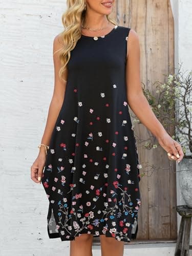 ANRABESS Womens Summer Casual Beach Cover Up Dress Sleeveless Asymmetric Hem Flowy Vacation Cruise Short Sundress Black Floral Medium - Thumbnail 2