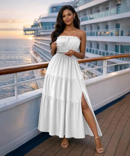 ABKY Off The Shoulder Dress Summer Strapless Tube Top Dresses Long Flowy A Line Side Slit Vacation Beach Holiday Party Outfit White L - Thumbnail 4
