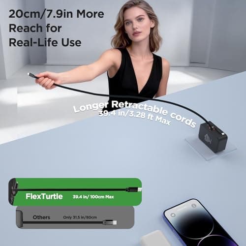 FlexTurtle【Ultra-Compact】 4 in 1Retractable Wall Charger with Dual Cables(3.28ft), Retractable Phone Charger Wall Plug with 2 USB Ports, 35W Retractable Charger for iPhone 17/16/15/14/13, iPad(Black) - Thumbnail 5