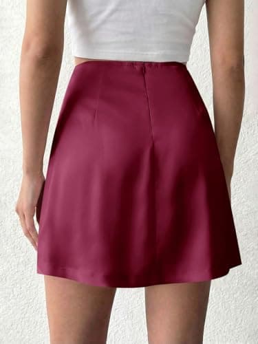 Cicy Bell Womens Satin Mini Skirt Casual High Waisted Side Slit A-line Work Skirts with Shorts Burgundy - Thumbnail 6