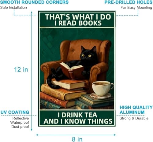 Carastora Cat Vintage Metal Sign - Funny Reading Cat and Coffee Design, Home Decor for Home, Office, Cafe, Bar or Garden Decoration, 8x12 Inch. - Thumbnail 6