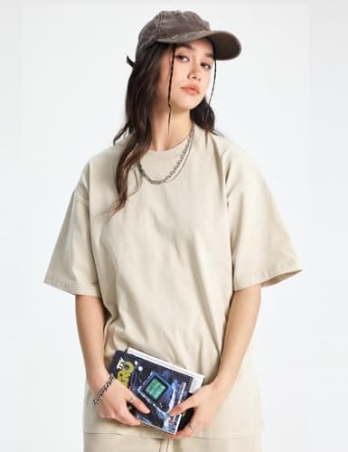 Yimoon Oversized Tshirts for Women Acid Wash Cotton Tee Shirts Baggy Boyfriend Vintage Streetwear Tops(Greykhakibeige-S) - Thumbnail 5