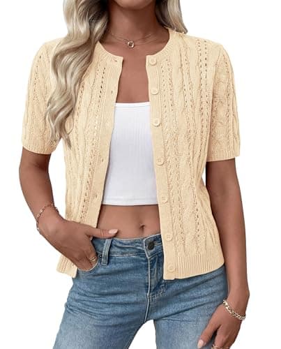 MASCOMODA Women Summer Cable Knit Crochet Cardigan Sweaters Casual Button Short Sleeve Sweater Cute Beach Hollow Out Knit Top(Beige,XX-Large) - Image 1