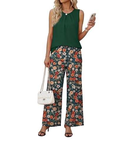 WIHOLL Two Piece Sets for Women Vacation Summer Outfits Beach Vacation Clothes Lounge Sets Casual Fashion Airport Travel Matching Set Clothing Wide Leg Pants Set 2026 Pajamas M - Thumbnail 2