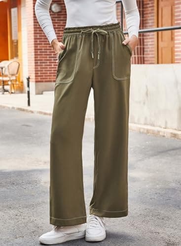 Dokotoo Wide Leg Pants for Women Fashion Business Casual Spring Outfits Baggy Elastic High Waisted Palazzo Pants for Women Loose Soft Breathable Drawstring Trousers with Pockets Jungle Green X-Large - Thumbnail 2