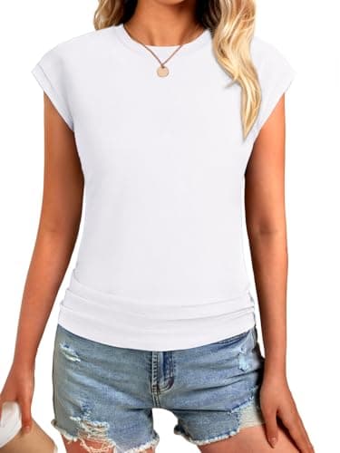 GKBK Womens T Shirts O Neck Short Cap Sleeve Cotton Tops Summer Ruched Trendy Basic Tee Shirt White XL - Thumbnail 3