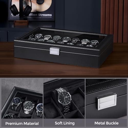 ProCase Watch Box for Men, 24 Slot Display Case with Real Glass Lid and Removable Pillows. Premium Storage Holder Organizer, Gift for Dad & Father's Day & Watch Collectors -AllBlack - Thumbnail 6
