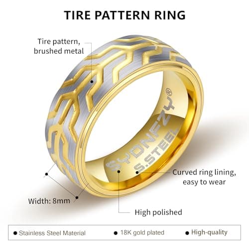 SYDNFZY Mens Wedding Band Ring - 8mm Fashion Classic Stainless Steel Engagement Promise Rings for Men Women, Cool Tire Tread Pattern Ring for Men Biker Bands Comfort Fit Jewelry Gift Ring Size 7 8 9 10 11 (Gold, 8) - Thumbnail 2