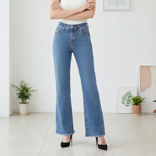 WAISUNZLM Women's High Waisted Bootcut Jeans Wide Leg Stretchy Denim Pants with Raw Hem Blue - Thumbnail 2