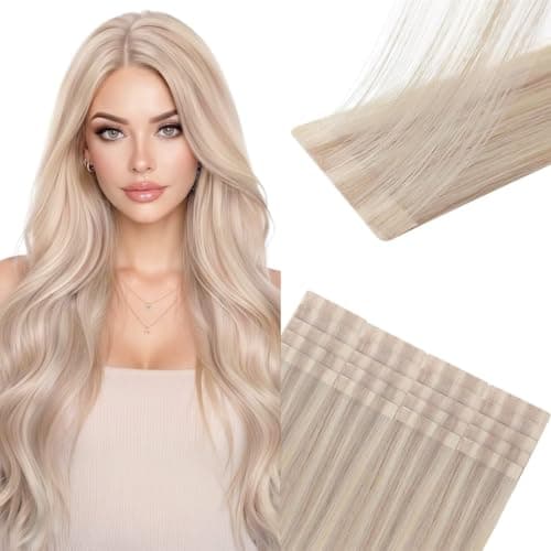 Sunny Hair Invisible Injected Tape in Hair Extensions Human Hair, 50g 16inch 20Pcs Pink Blonde Highlight Blonde, Invis Edge Tape, Seamless Straight Hair Extensions for Styling - Image 1