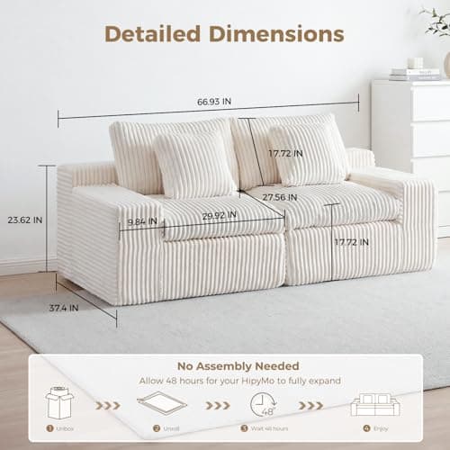 HipyMo 75" Boneless Cloud Couch, Modular Sectional Sofa 2 Seater with Wide Armrests and Throw Pillows, Deep Seat Sectional Couches for Living Room, 35D High-Density Foam, No Assembly Required, Beige - Thumbnail 2