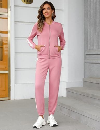 Totatuit Women's Tracksuit 2 Piece Outfits Zip Striped Sportswear Long Sleeve Jogger Suits for Women with Pockets Pink X-Large - Thumbnail 3