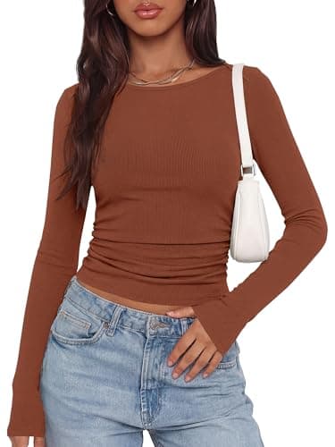 BTFBM Womens Long Sleeve T Shirts Spring Clothes 2026 Ribbed Slim Fit Boat Neck Casual Going Out Tops Workout Outfits(Brown, Medium) - Image 1